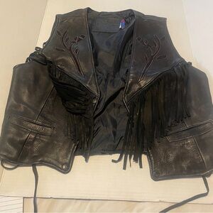 Ladies Black Leather Fringe Vest with Rose Embellishment